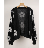 Cardigan élégant et tendance pour jeunes femmes, en tricot avec motif floral en intarsia et fourrure de lapin duveteuse, col en V profond