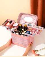 Trousse de maquillage rose en tweed avec tiroir, fermeture éclair perlée décorative, boîte de rangement cosmétique portable de luxe
