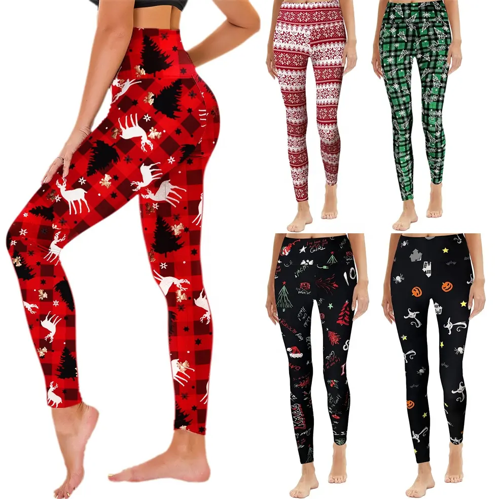 Großhandel individuell bedruckte Weihnachts gamaschen Strumpfhosen Double Brushed Milk Silk High Waist Yoga Hosen Leggings für Frauen