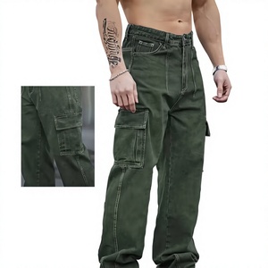 Jeans cargo vert slim fit pour homme, pantalon en denim délavé décontracté, style vintage classique, streetwear, coupe droite, poches latérales, 100% coton - Product Image 1