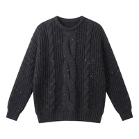 Pull en tricot torsadé épais à col rond pour femme, automne-hiver, noir, décoré de paillettes subtiles, manches longues, pull chaud en tricot