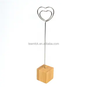 Heart shaped wire table number photo clip holder bamboo wood business card holder