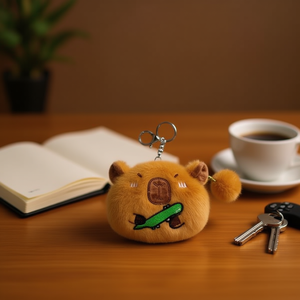 Portamonete in Peluche Ricamato a Forma di Capibara 11x12cm con Portachiavi e Design Orsetto con Pompon - Product Image 2