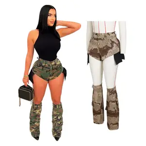 New Arrival Camouflage Cargo Shorts With Trouser Leg Cover Three Piece Set Women Pockets Patchwork Casual Camo Short Pants