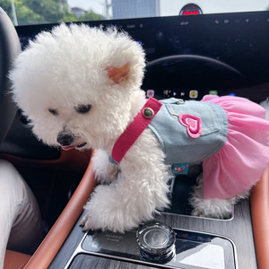 בגדי קיץ סיטונאיים לכלבים וחתולים, חצאית ג'ינס ורודה אופנתית עם הדפס מצויר בסגנון קאובוי לכלבים קטנים, לאביב וסתיו - Product Image 2