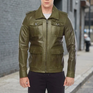 Veste en cuir véritable vert olive pour homme avec fermeture éclair et quatre poches, style workwear, col rabattu, coupe classique - Product Image 3