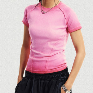 Top corto holgado de verano de retazos personalizado para mujer, Blusa de manga corta, poliéster/algodón ecológico - Product Image 1