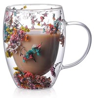 Nieuwe design hoogwaardige dubbelwandige glazen mok met gedroogde bloemen 350ml BPA-vrij vaatwasserbestendig voor drinken