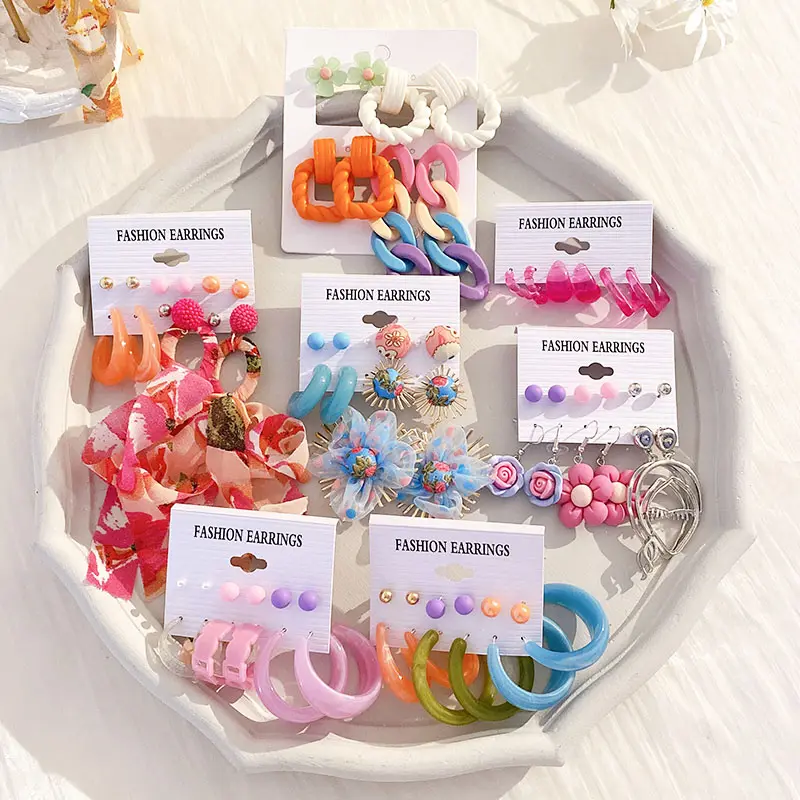 Korean Candy Colors Earrings Set For Women Girls Pink Color Heart Resin Acrylic Stud Earrings Charm Jewelry Party