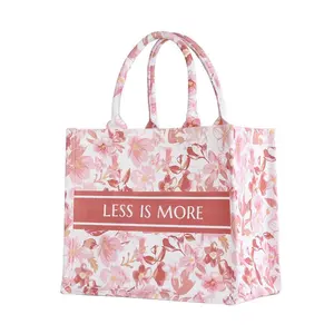 2024 Custom Premium Fashion Ladies Vintage Flowers Printing Canvas Tote Bag Cotton Shopping Bag