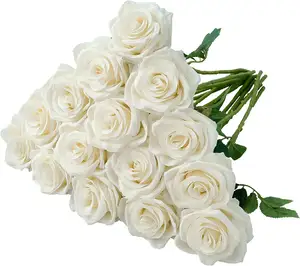 Yapay fildişi güller ipek çiçekler için gerçekçi beyaz güller buket uzun kök düğün ev partisi doğum günü dekorasyon
