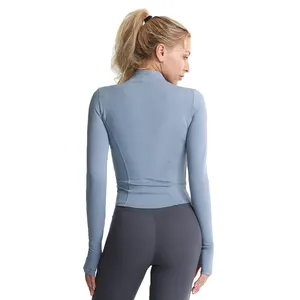 Slim Fit langärmliger Fitnessmantel sportlich Sport Yoga Crop-Oberteile mit Daumenlöchern Fitnessbekleidung Damenjacke