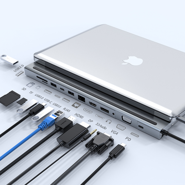 12-in-1 MTS USB C Hub for HD-MI DVI VGA DP 3.0 USB Pd 100W Multi-port Laptop Docking Station Ethernet 1000M for MacBook & PC