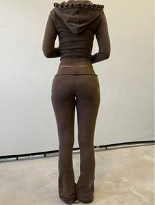 Set di tute da donna con cappuccio e pantaloni svasati con ricamo personalizzato con cerniera e pantaloni a zampa di alta qualità per <span class=keywords><strong>abbigliamento</strong></span> in due pezzi - Product Image 4