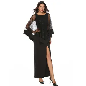 Europe USA New Style Evening Dress Sequin Overlay Spliced High Waist Faux Two-piece Slim Long Evening Dress