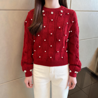 Pull en maille torsadée pour femme, col rond, orné de perles florales, manches lanternes longues à revers côtelés, coupe courte et ample, décontracté