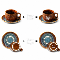 Tasse à café en céramique avec glaçure réactive et soucoupe, marron et bleu, pour café, dessert ou table de café