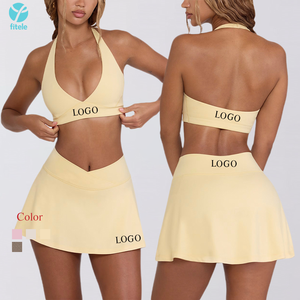 Damen Halfter V-Ausschnitt BH Tennis rock Custom Logo <span class=keywords><strong>2</strong></span>-teiliges festes atmungsaktives Yoga Golf Tennis Sport Wear Front Fitness Outfits - Product Image 3