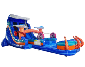 Structure gonflable commerciale en PVC <span class=keywords><strong>de</strong></span> 33 pieds, combo château gonflable et toboggan aquatique tropical marbré avec piscine, pour adultes, en promotion - Product Image 4