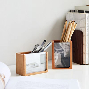 Solid Wood Pen Holder Square Beech Desktop Storage Box With Lamination <b>Printing</b> <b>Office</b> Stationery Organizer - Product Image 1