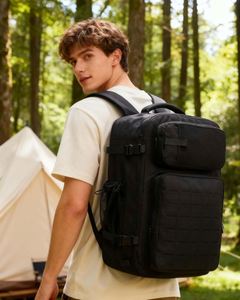 Sac à dos de voyage tactique en denim, approuvé pour le transport en cabine, avec compression, grande capacité, bretelles épaisses, noir - Product Image 2