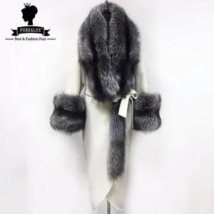 Fashion Cashmere Woolen Coat Winter Women's Luxury Silver Fox Fur Collar And Cuffs 100cm Long For Girls Casual Autumn Overcoat