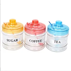 3er Set Hotsale Glas Küchen glas für Kaffee Zucker Tee mit farbigem Kunststoff deckel für Heim restaurant oder Supermarkt erhältlich