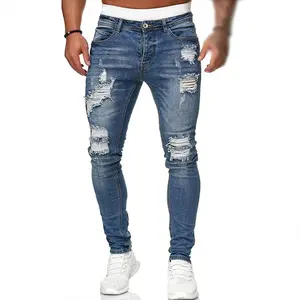 Atacado personalizado feito de alta qualidade azul calças jeans jeans homens magros s rasgado jeans skinny