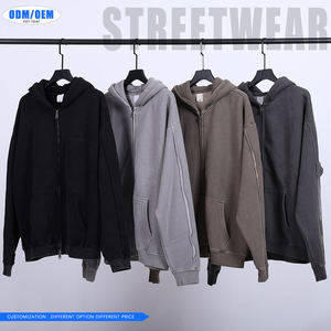 Sudadera con capucha de doble cremallera estilo vintage para hombre, con bajo sin rematar, patchwork, estilo lavado, forrada y oversize para invierno - Product Image 3