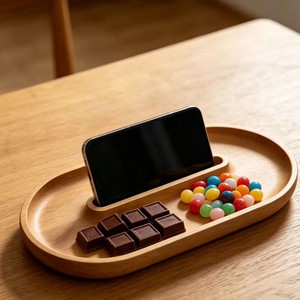 Beechwood Phone Stand <b>Tray</b> Oval Multifunction <b>Storage</b> <b>Trays</b> For Snacks And Devices - Product Image 3