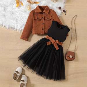 Traje de Falda y Chaqueta de Pana Sólida Casual para Niñas Personalizable, Marrón, con Top de Manga Larga de Un Solo Botón y Chaleco de Gasa Transpirable - Product Image 1