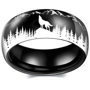 Temperament Lässige Outdoor-Ringe Wald <span class=keywords><strong>Wolf</strong></span> Berge Vögel Wasserdichter Edelstahl 8MM Fingerring für Männer Domine ering - Product Image 4