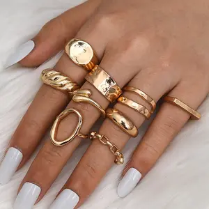 9 teile/satz Vintage Luxus Schwerindustrie Textur Ringe Vergoldet Edelstahl Hochglanz Band Chunky Ring für Mädchen