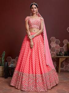 Moderno Anarkali Lehenga Choli suave Flowy Georgette patrones de rayas diagonales Zari lentejuelas bordado impresión Digital fiesta India - Product Image 5