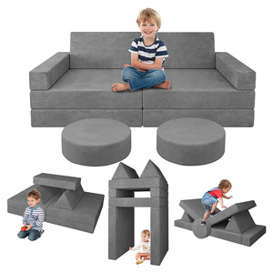 Ensemble de canapés modulaires pour enfants, 11 pièces, tissu gris, mousse haute élasticité, meubles de jeu pour enfants, blocs de construction éducatifs, 3 ans - Product Image 1