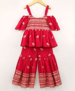 Conjunto Étnico Elegante para Niñas Twisha, Top Bordado con Sharara Bordada en Rojo (6 Meses a 14 Años) - Product Image 1