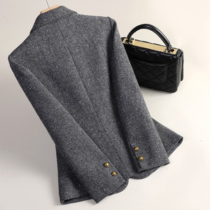 Women's Woolen Blazer Grey Solid Color Warm Slim Fit Autumn Winter Suit Pocket Design - Product Image 4