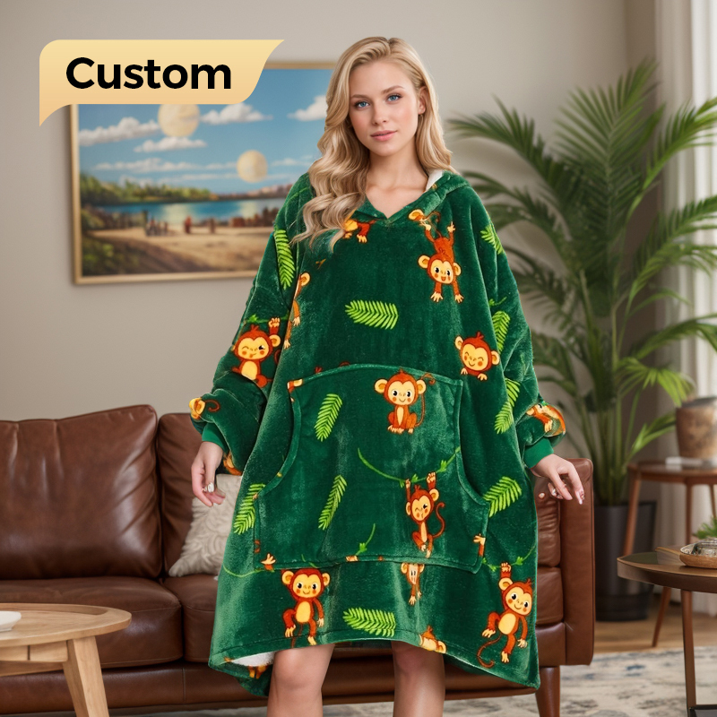 Custom Logo Oversized Sherpa Hooded Blanket