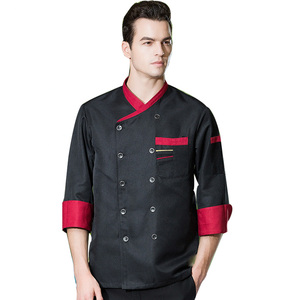 เสื้อเชฟผู้ชายแขนยาวเครื่องแบบทำงานในห้องครัวเสื้อเชฟสีดำมีสีแดงแบน - Product Image 1