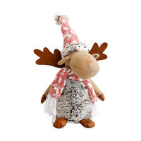 Figurine en peluche de renne rustique de Noël, longue jambe, avec chapeau et écharpe tricotés roses, décoration festive de Noël pour la maison et la table