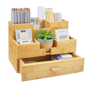 Bamboo Desktop Organizer Three Layer With <b>Drawer</b> For Office Desk <b>Storage</b> And Stationery Organization - Product Image 1