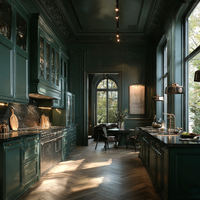 Armoires de cuisine sur mesure avec finition vert forêt, style classique et rangement îlot, fabriquées sur commande pour projets résidentiels