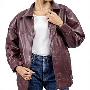 Chaqueta Bomber de Cuero Genuino Color Borgoña para Mujer, Manga Larga, Cuello Camisero, Cierre de Cremallera, Estilo Casual Otoñal - Product Image 1