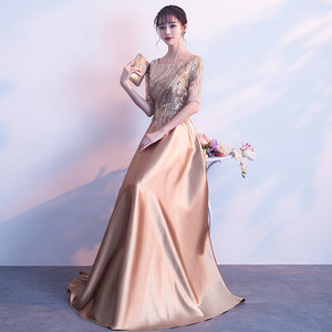 Elegant Gold Long Satin Evening <b>Dress</b> Scoop Neck <b>A</b>-<b>Line</b> Empire Waist For Hostess Choir Performances - Product Image 3
