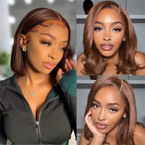 Parrucca Bob Vietnamita Liscia 100% <span class=keywords><strong>Capelli</strong></span> Umani Colore Marrone <span class=keywords><strong>Cioccolato</strong></span> 13x4 Full Lace Frontal Double Drawn per Donne Nere - Product Image 6