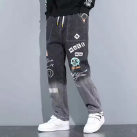 Jean en denim ample pour homme, imprimé lettres et graffiti cartoon, avec cordon de serrage, tendance, collection Printemps-Automne