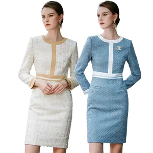 high end woman business wear supplier luxury tweed midi dress custom production small quantity allowed