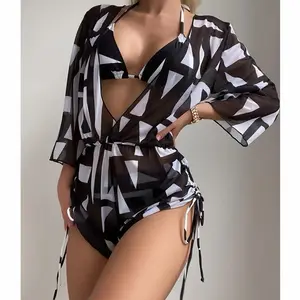 New Arrivals Printed Drawstring Mesh Cover Up 3 Piece Bikini Beachwear Bathing Suits For Women