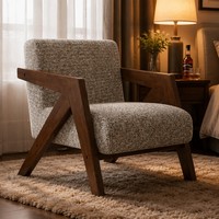Fauteuil en bois de caoutchouc style Richard, fauteuil lounge vintage en lin rayé avec siège rembourré en mousse haute densité pour une lecture confortable