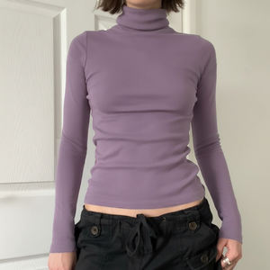 Women <b>Turtleneck</b> Long Sleeve Knit T Shirt Solid Color Basic <b>Top</b> Casual Sporty Style Versatile Daily Wear - Product Image 1